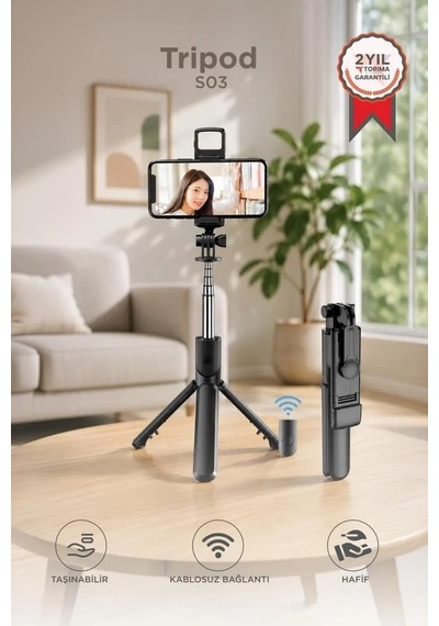 Pratik Aparat Mobil Aksesuar Tripod Çok Amaçlı Kumandalı Kablosuz Selfie Çubuğu S03 Siyah