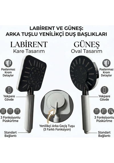Tr Yenilikçi Arka Tuşlu Duş Başlığı, Kare Ve Oval Tasarım, 3 Fonksiyonlu, Paslanmaz Krom Detaylı, Yekpare Gövd Diğer
