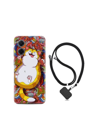 Xiaomi Redmi Note 11E Kılıf İpli Boyun Askılı Desenli Silikon Tombul Kedi 1739