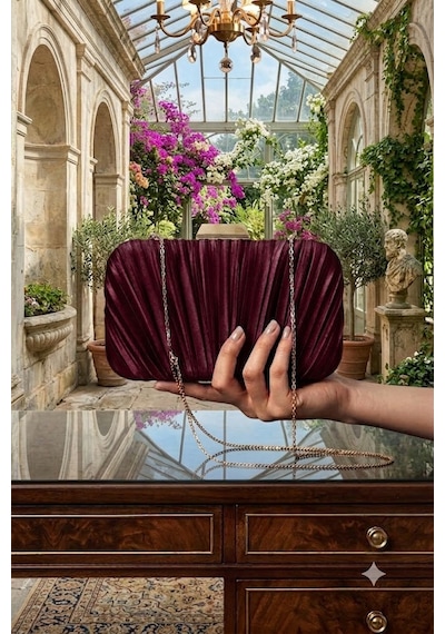 Zeyymoda Bordo Pilse Desenli Abiye Çanta Pile Desen Abiye Çanta Ve Clutch Portföy El Gece Düğün Nişan Abiye Çantası