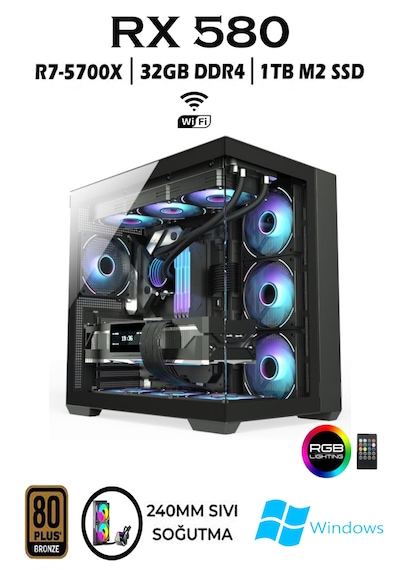 Apphirex Rebirth X45 R7-5700X 32 GB 1 TB M.2 RX580 8 GB W10P Masaüstü Bilgisayar
