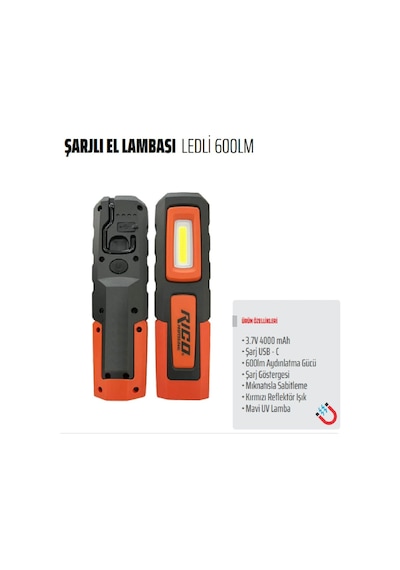 Rıco 013-rc0031 Şarjlı Mıknatıslı Led Çalışma Lambası 600 Lümen