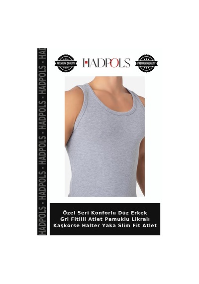 Hadpols Özel Seri Konforlu Düz Erkek Gri Fitilli Atlet Pamuklu Likralı Kaşkorse Halter Yaka Slim Fit Atlet