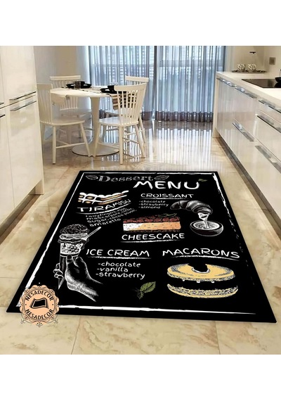 Menu Desenli Dekoratif Halı Makinede Yıkanabilir Yolluk Siyah