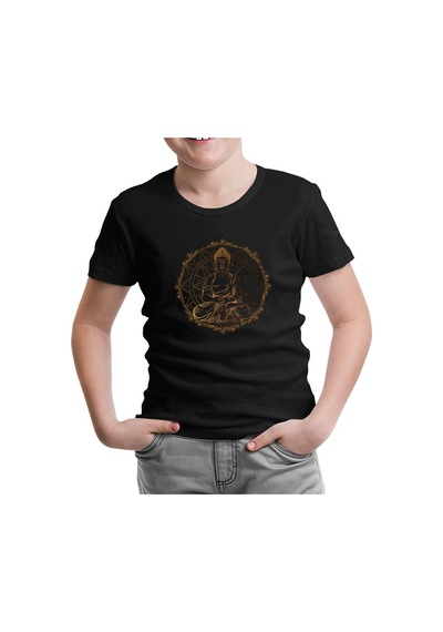 Lord Tshirt Ruhun Huzuru - Altın Budha Ve Mandala Siyah Çocuk Tshirt 001