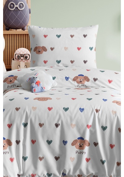 Eponj Home Tek Kişilik Pamuklu Nevresim Takımı 3 Parça Puppy Desen Beyaz / Yumuşak Dokulu Beyaz