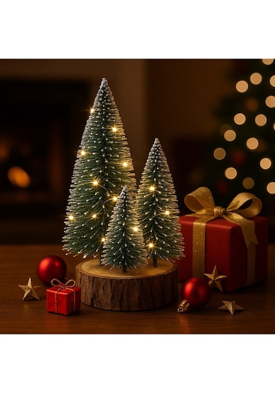 Ahşap Kütük Üzerinde 4 Lü Led Işıklı Noel Kar Efektli Çam Ağaçları Seti 23 Cm - 18 Cm - 12 Cm -13 Cm 23 CM