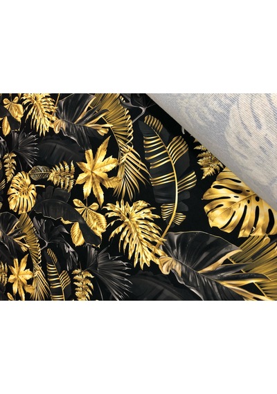 Enesar Home Gold Siyah Yaprak Desenli Kumaş Dijital Baski Döşemelik Kumaş 100 x 140 cm