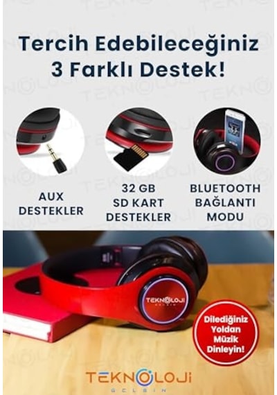 Kablosuz Kulaklık Bluetooth Mikrofonlu Kulaküstü Kulaklık Led Işıklı Katlanabilir Kırmızı