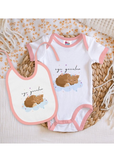 Bk Kids İyi Geceler Tasarımlı Pembe Bebek Body Zıbın Ve Mama Önlü Çok Renkli