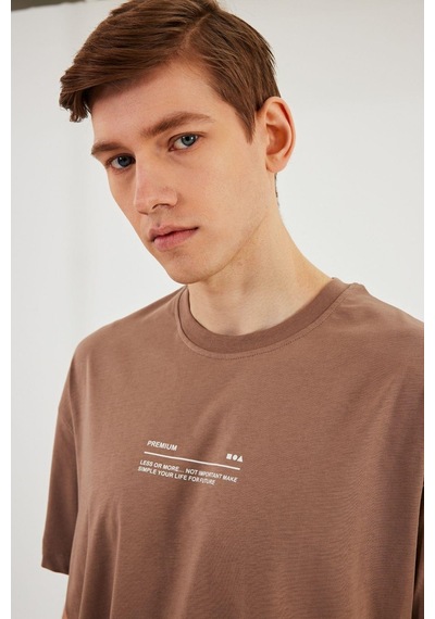 Leo Erkek Oversize Tshirt %100 Pamuk Bisiklet Yaka Baskı Detaylı Basic Tişört Vizon