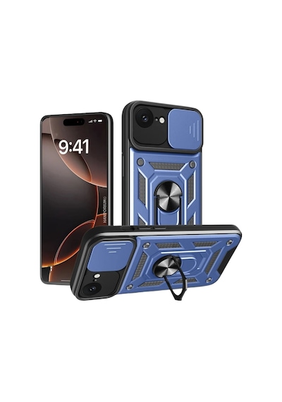 Apple Uyumlu iPhone 17e  Tank Kılıf - Yüzüklü Standlı Zırhlı Outdoor Kapak - Lacivert Lacivert