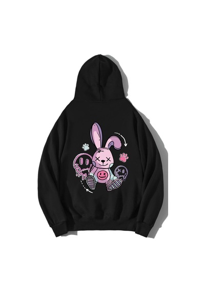 Brz Collection Unisex Oversize Cartoon Rabbit Hoodie Siyah