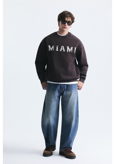 Vamos Miami Baskılı Bisiklet Yaka Sweatshirt Kahve