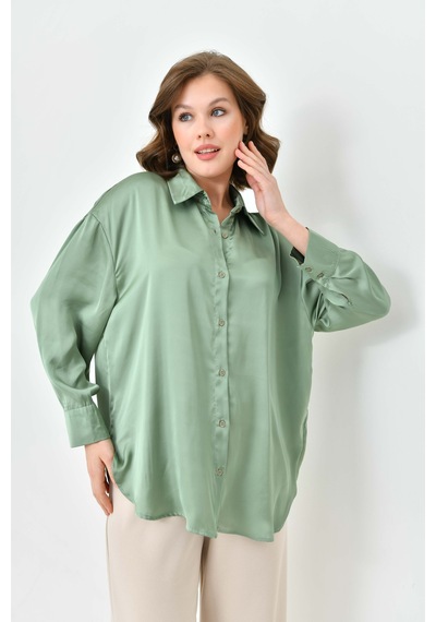 Pera Moda Kadın Salaş Oversize Kesim İpek Saten Gömlek Çağla