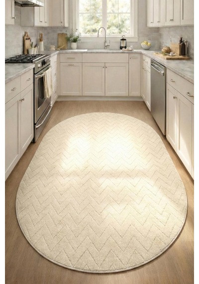 Raschel Carpet Yıkanabilir Oval Leke Tutmaz Moopy Krem Mutfak Halısı Kaymaz Taban Halı Yenımodelelıps 6497 Krem Krem