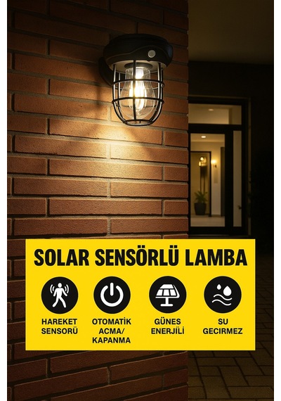 Solar Sensörlü Su Geçirmez Lamba 1200lm 3 Modlu Hareket Algılayıcı Siyah