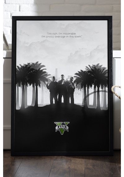 Gta V Siyah Ahşap Çerçeveli Poster, Dekoratif Oyun Duvar Tablosu