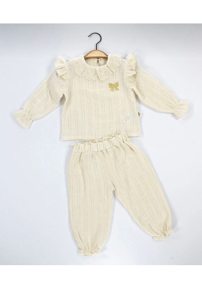 Babyhola Kız Bebek Takım Bayramlık Fiyonk Detaylı Simli Müslin İkili Set 2006 Altın