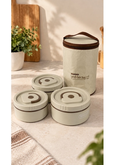 Favora 3'lü Çelik Termoslu Lunch Box Yemek Kabı Seti Bej