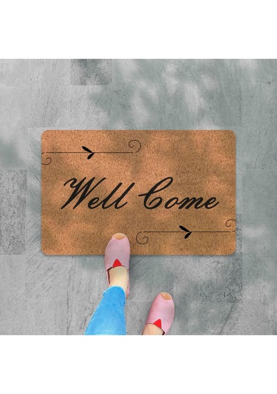 Dijital Baskılı Kapı Önü Paspas Welcome Yazlı Hoş Geldiniz Yazılı Yıkanabilir Nem Alıcı Koyu Bej