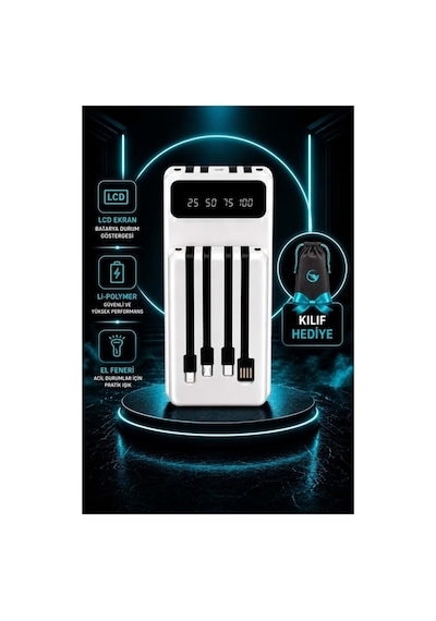 10000 Mah Powerbank Kendinden 4 Kablolu Dijital Ekranlı 4 Çıkışlı Powerbank Koruma Kılıfı li Beyaz