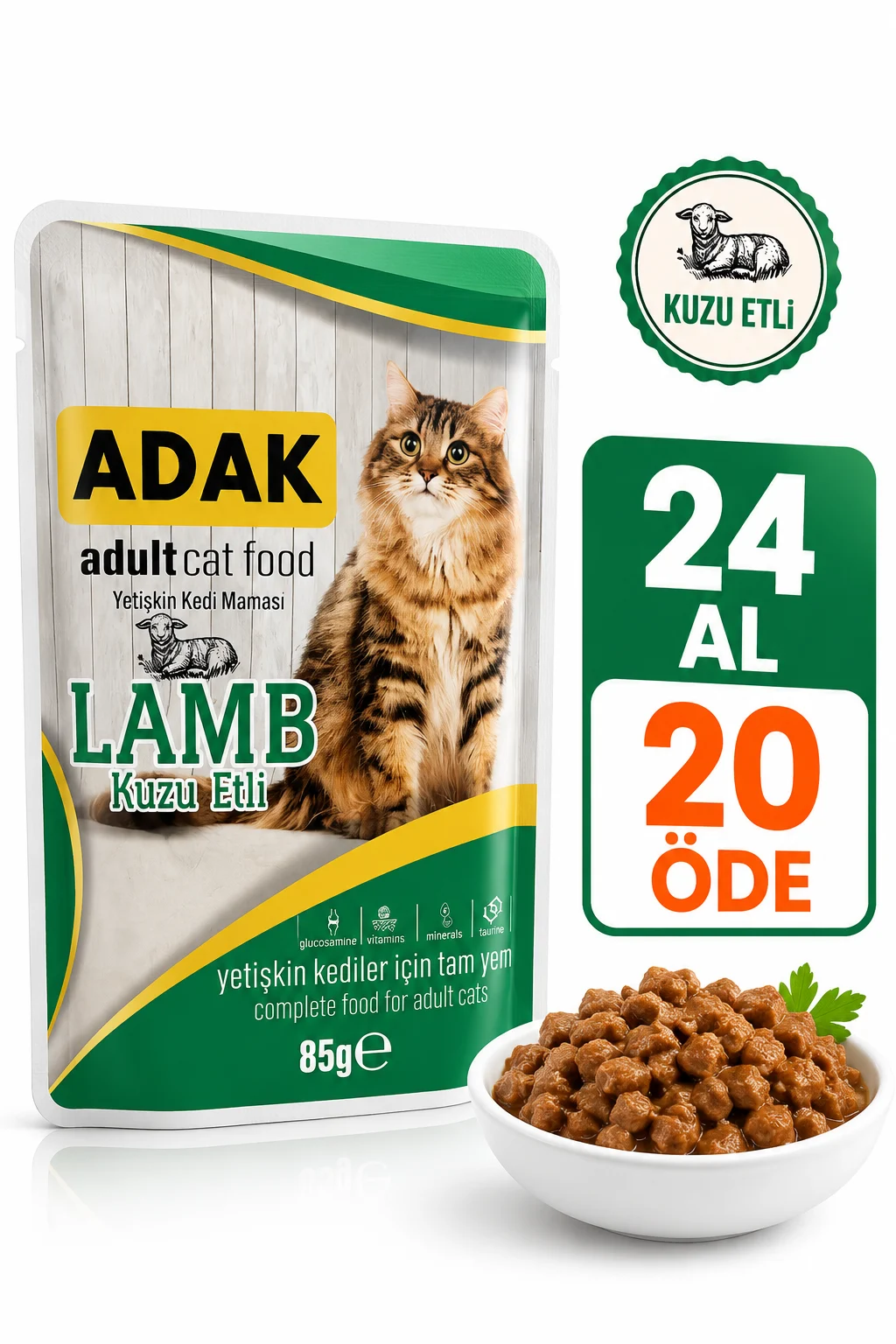 Adak Adult Yetişkin Kedi Yaş Mama Pouch Kuzu Etli 85 Gr X 24 Adet 24 Al 20 Öde