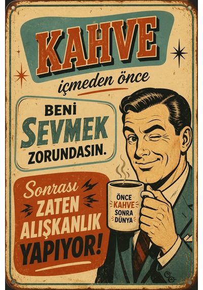Komik Kahve Sözlü Retro Mdf Duvar Dekoru Vintage Kahve Temalı Ahşap Tablo