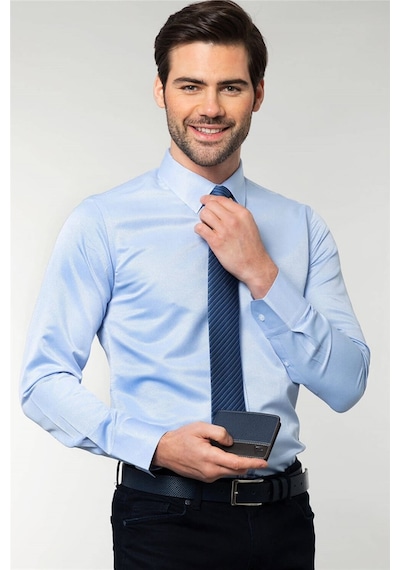 Tudors Modern Slim Fit Dar Kesim Armürlü Erkek Gömlek-4186 Mavi