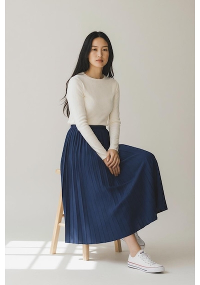 Eren Style Pileli Pamuklu Dokuma Viskon Kışlık Etek 95 Cm - 38-48 Lacivert