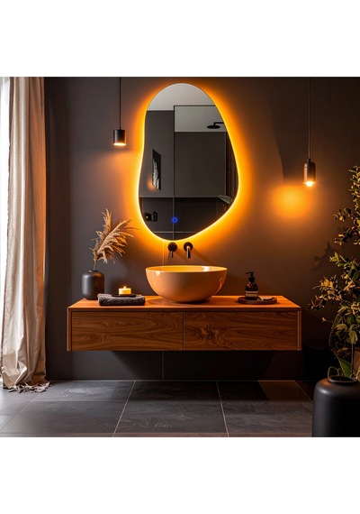 Nelyos Amber Led'li Lazer Kumlamalı Lavabo & Banyo Aynası Dokunmatik Sensörlü 100 X 65 Cm Turuncu