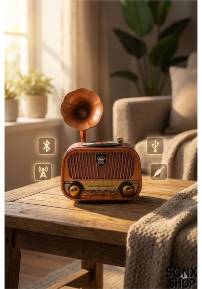 Büro Ev Ofis si İçin Gramofon Stil Nostaljik Müzik Çalar Bluetooth Hoparlörlü Radyo