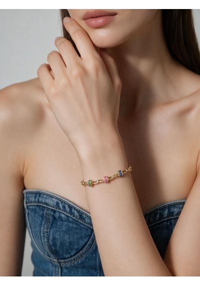 Valmont Accessories Renkli Taşlı Gold Kolye Ve Bileklik Seti - Düğün, Kına, Nişan Gelin Takı Seti