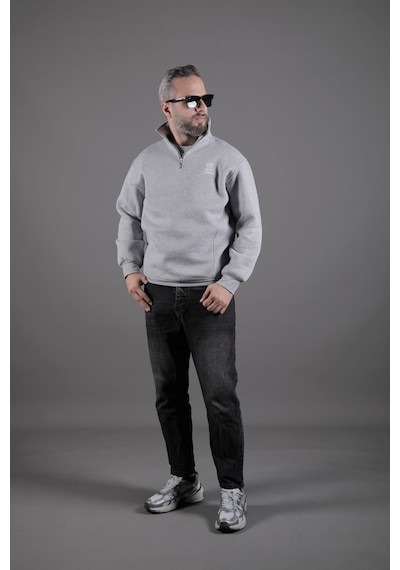 Dik Yakalı Parçalı Erkek Sweatshirt Gri