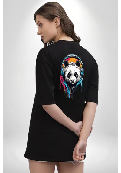 Kulaklık Ayı Panda Siyah Oversize Unisex Ön Ve Sırt Baskılı Tişört Siyah
