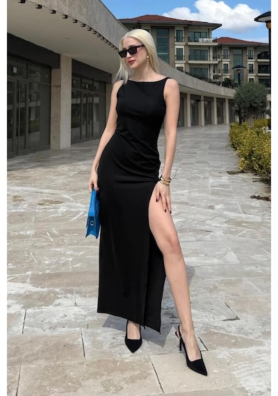 Madmext Siyah Maxi Boy Yırtmaç Detaylı Kadın Elbise Mg2367 Siyah