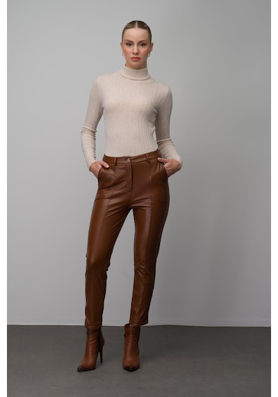 Olcay Deri Görünümlü Dikiş Detaylı Skinny Fit Pantolon Taba 7562