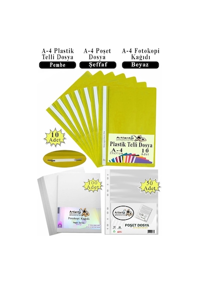Telli Dosya Plastik A4 10 Lu Poşet Dosya 50 Li A4 Fotokopi Kağıdı 100 Adet 1 Paket Ekonomik Kaliteli Şeffaf Kapak Dosya Sarı