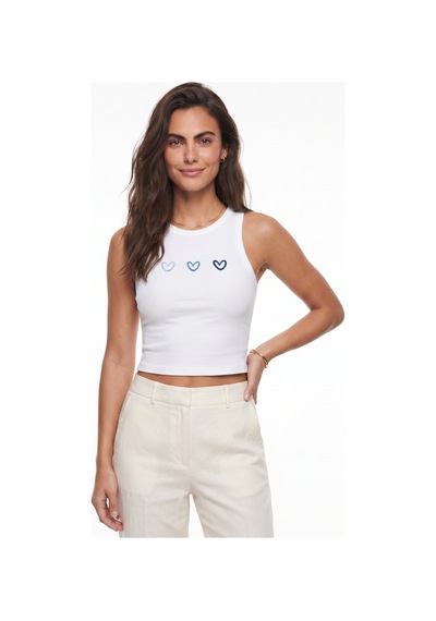 Onloox Kadın Beyaz Beyaz Pamuklu Fitilli Esnek Kumaş Kolsuz Kalp Nakış Detaylı Dar Form Penye T-shirt