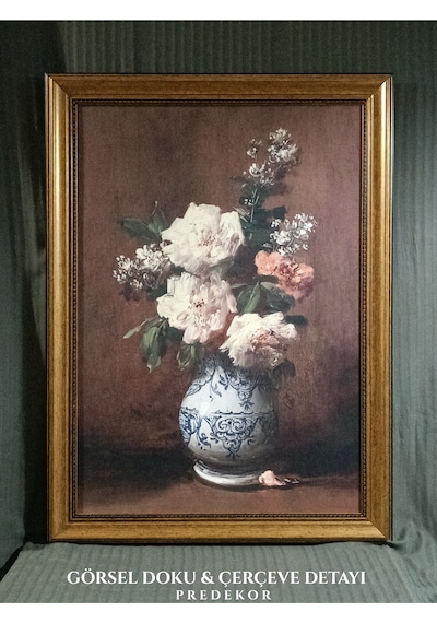 Klasik Gold Çerçeveli Çini Vazoda Şakayık Çiçekleri Tablo Lüks Salon Duvar Dekoru 60x80 Cm