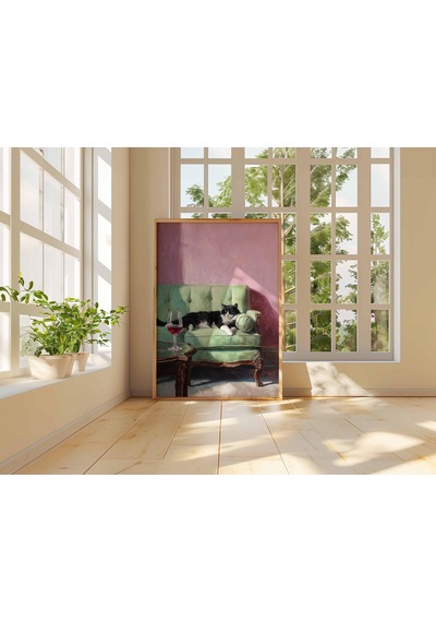 Kanepede Kedi Duvar Sanatı Posteri Vintage Salon Sahnesi Baskısı Siyah Beyaz Şaraplı Kedi Çerçevesiz Tablo Tarzı Sanat Eseri Rahat Ev Dekorasyonu İçin