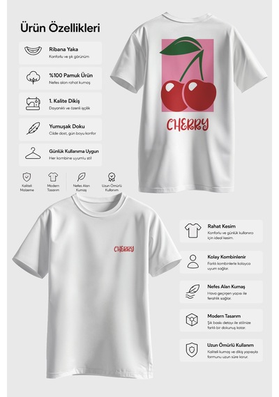 Spoyi Kiraz Rüyası Tasarımlı %100 Pamuk Yarım Oversize Beyaz T-shirt
