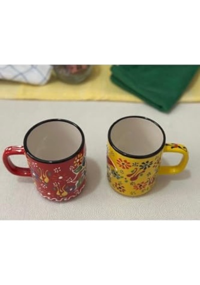Tr Çini El İşlemeli Seramik Dantel Desen 2li Sarı/kırmızı Kupa Bardak Diğer