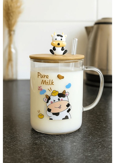 İnek Figürlü Cam Kupa Bambu Kapaklı Ve Cam Pipetli Meşrubat Bardağı - Pure Milk Şeffaf