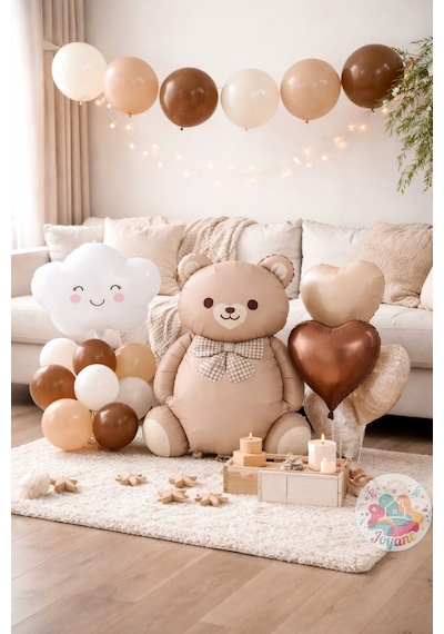 Ponçik Ayı Balon Seti Baby Shower Bebek Doğum Günü Parti Süsleme Krem Krem 20 Parça Kahverengi Latte