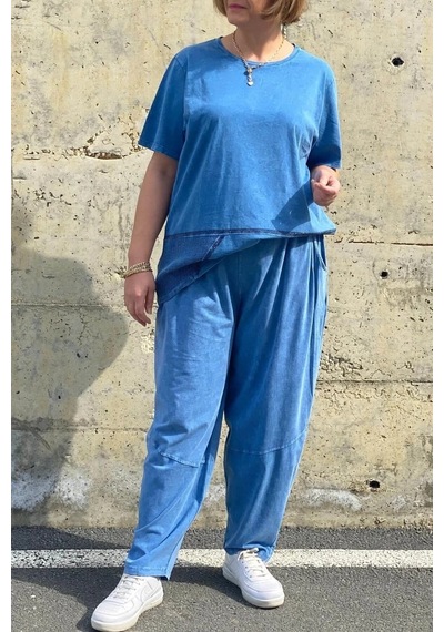 Mia Butik Büyük Beden Selenay Mavi Keten Takım Mavi