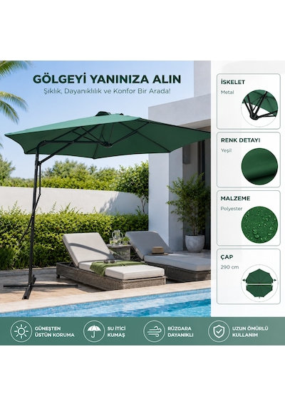 290 cm Yandan Gövdeli Bahçe Şemsiyesi Yeşil Metal İskeletli Polyester Kumaş Havuz Balkon Teras Gölgelik