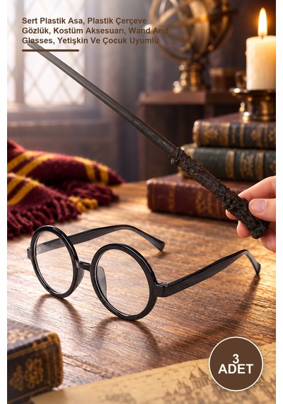 3 Adet Harry Potter Asa Ve Gözlük Sert Plastik Asa, Plastik Çerçeve Gözlük, Kostüm Aksesuarı, Wand And Glasses, Yetişkin Ve Çocuk Uyumlu