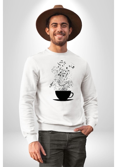 Kahve Müzik Nota Unisex Beyaz Sweatshirt Beyaz