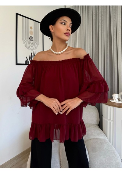 Lodmela Yaka Lastikli Şifon Bluz 6022-Bordo